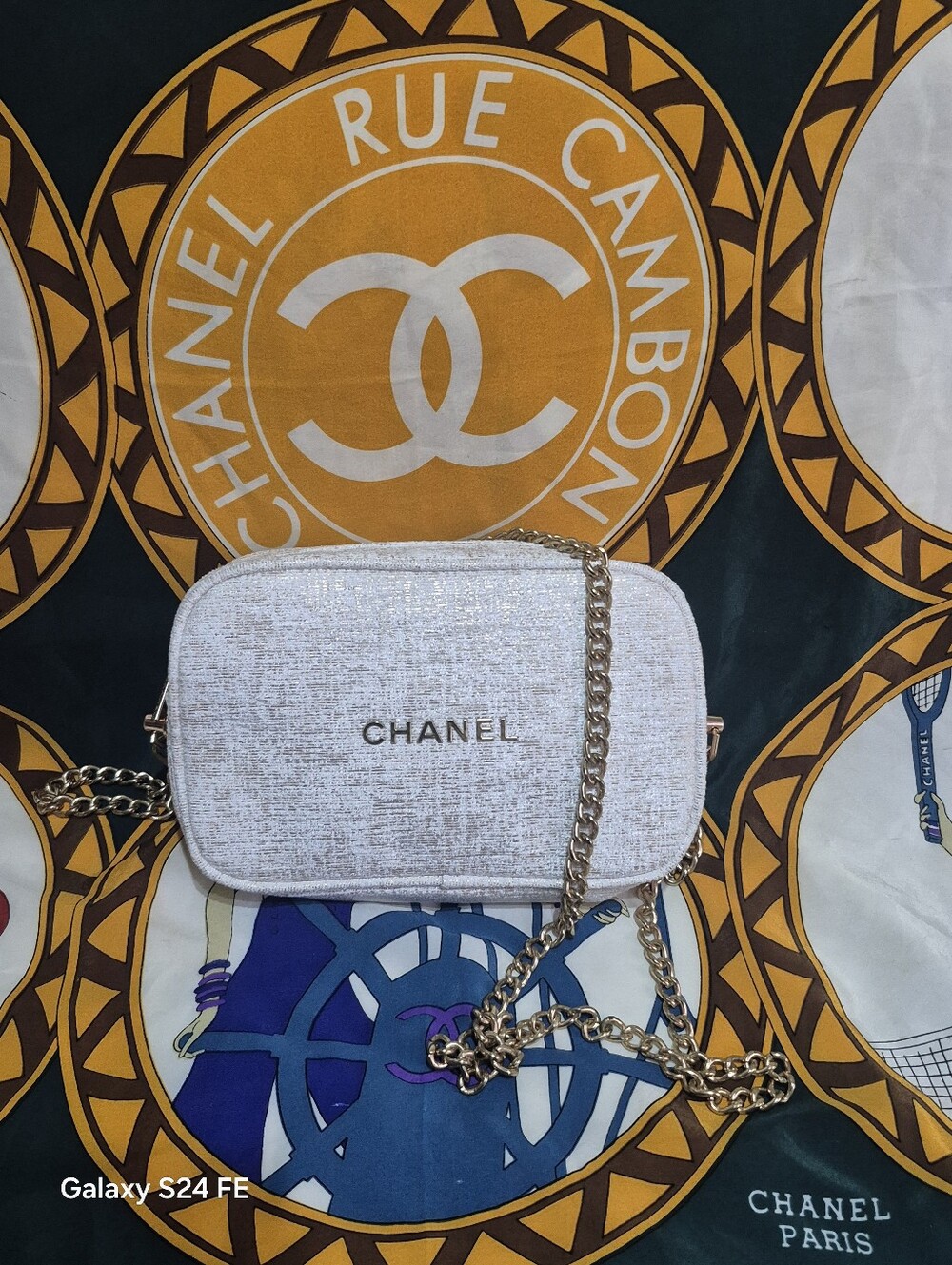 CHANEL White And Gold  Crossbody Camera Bag